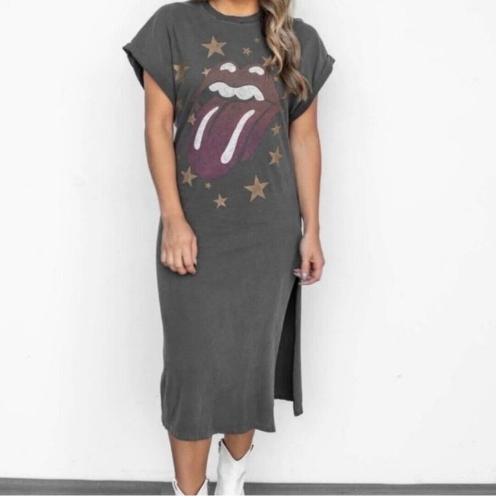Daydreamer Charcoal Graphic Midi Dress with Burgundy Tongue and Cream Stars